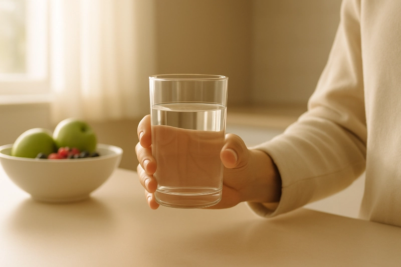 Person drinking a glass of warm water in a bright, calm kitchen at sunrise with fresh fruit on the counter