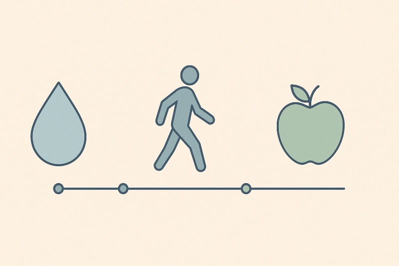 Minimalist flat illustration showing three stages of digestive relief with icons for hydration, movement, and fiber in a horizontal timeline