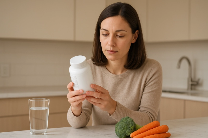 Woman reading label on fiber supplement container in bright kitchen with glass of water and fresh vegetables on counter