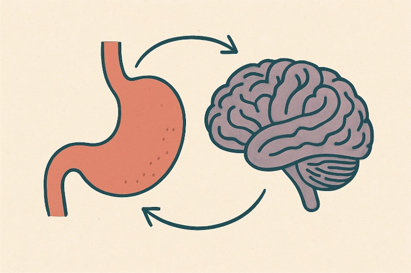Hand-drawn editorial illustration showing the gut–brain axis, with a stomach connected to a brain by smooth lines and soft colors.