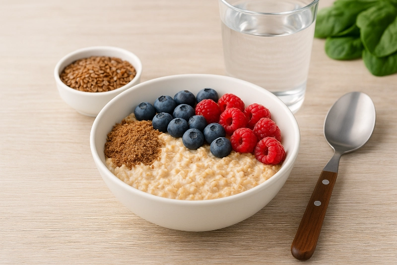 Natural remedies for constipation foods: oats, yogurt, berries, ground flaxseed and water