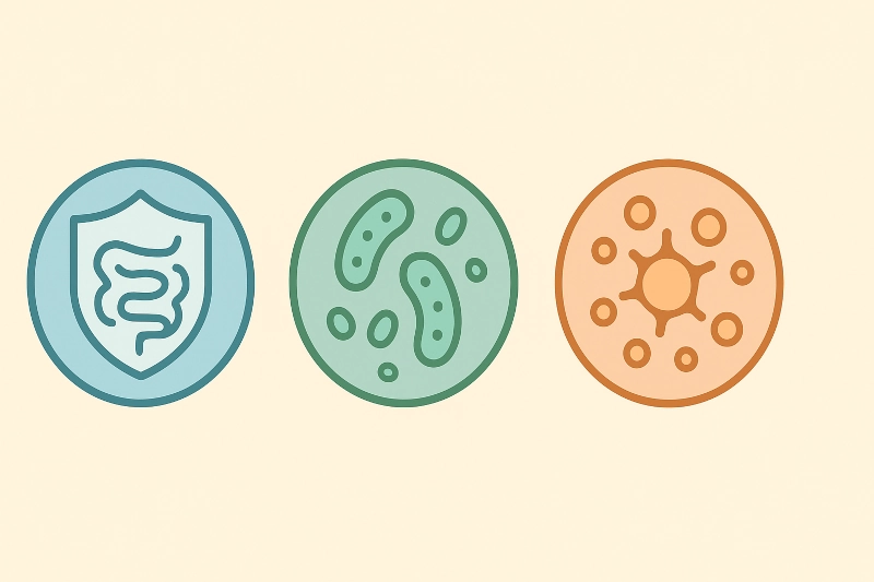Minimalist flat illustration showing three connected icons representing gut barrier protection, bacterial balance, and immune cell activation on neutral beige background