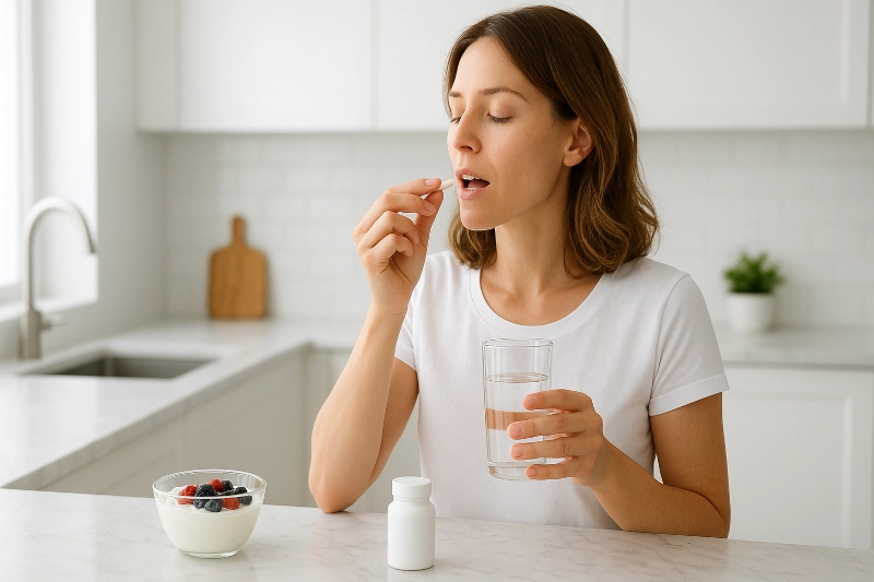 Woman in white shirt taking probiotic capsule with glass of water in bright modern kitchen with yogurt and fresh fruit on counter