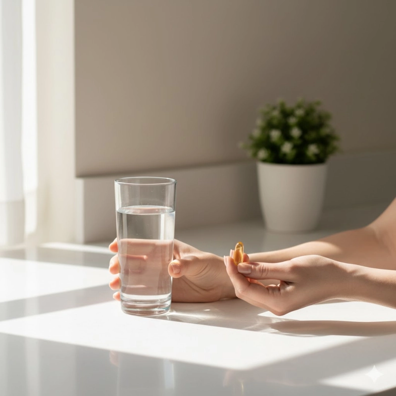 Hands holding glass of water and supplement pills on white kitchen counter with morning sunlight and potted plant in background