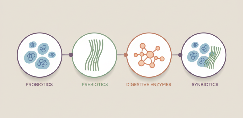 Minimalist flat illustration showing four connected icons representing probiotics bacteria colonies prebiotics fiber bundles digestive enzymes molecular structure and synbiotic combination on neutral beige background