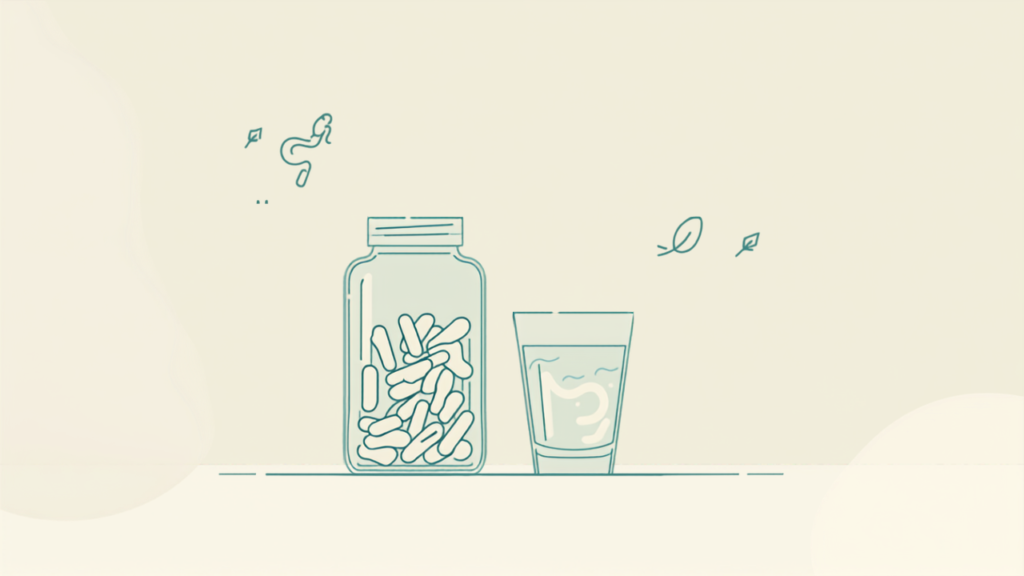 Minimalist illustration of fiber supplement capsules in a jar next to a glass of water, with leaf icons representing digestive wellness
