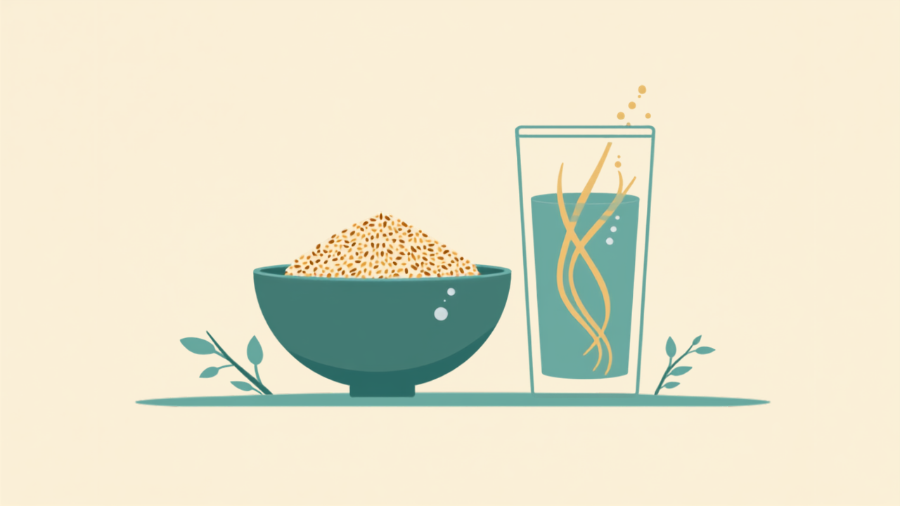 Minimalist teal illustration of a bowl of fiber-rich oats next to a glass of water with fiber swirls