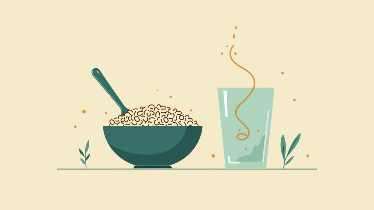 Minimalist teal illustration of a stylized bowl of oats and water glass