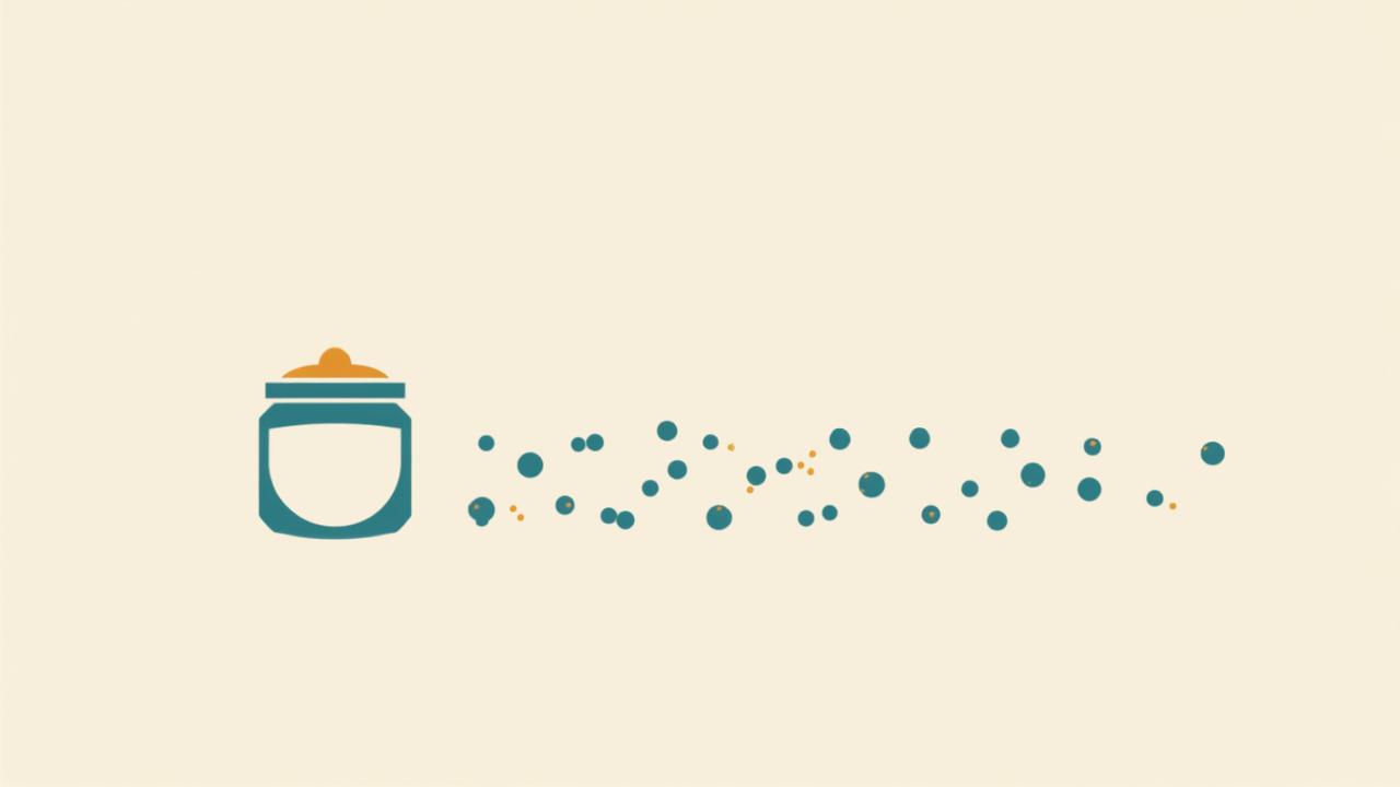 Minimalist teal illustration of a fermented food jar surrounded by friendly microbe shapes