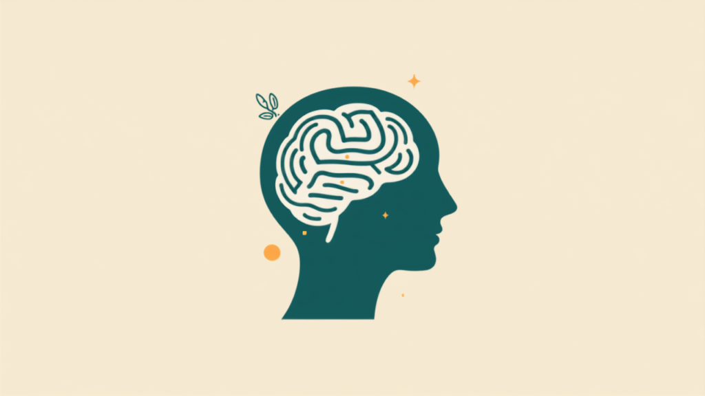 Minimalist teal illustration of a head silhouette with a maze-pattern brain