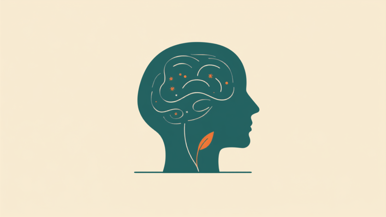Minimalist teal illustration of a head silhouette with neural line pattern and amber leaf accent