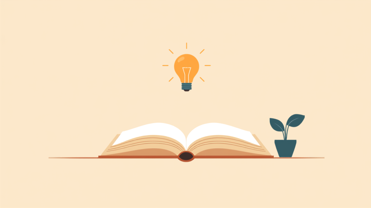 Minimalist teal illustration of an open book with a floating lightbulb and plant