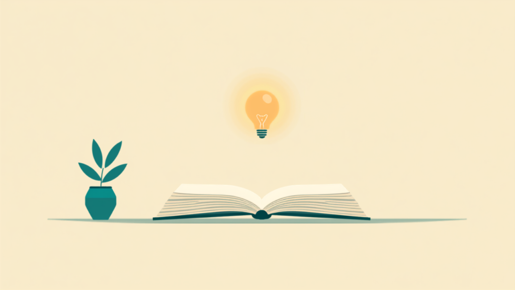 Minimalist teal illustration of a tranquil study moment with an open book and glowing lightbulb