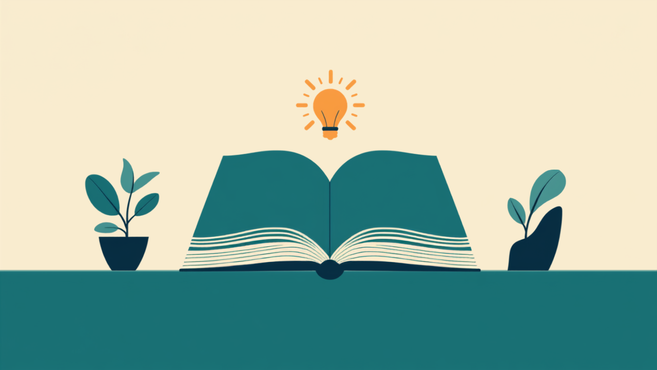 Minimalist teal illustration of a book on a desk with a lightbulb and plant