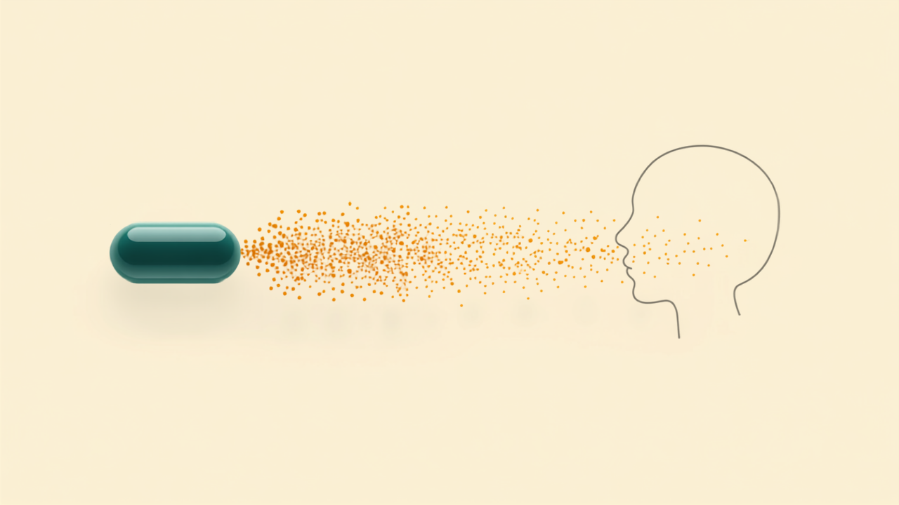 Minimalist teal illustration of a supplement capsule and a leafy brain shape