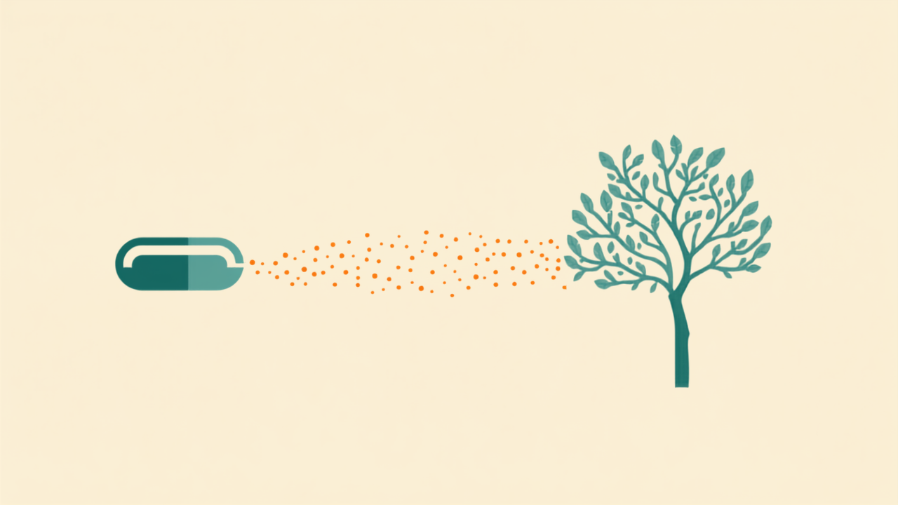 Minimalist teal illustration of a dissolving capsule releasing amber particles toward a tree