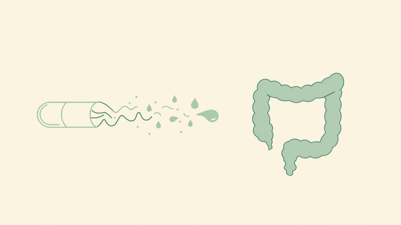 Illustration showing how psyllium fiber capsule absorbs water and forms a gel that moves through the colon