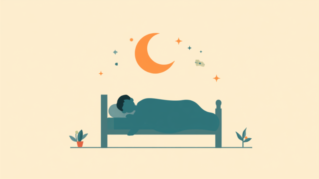 Minimalist teal illustration of a person sleeping peacefully under a crescent moon