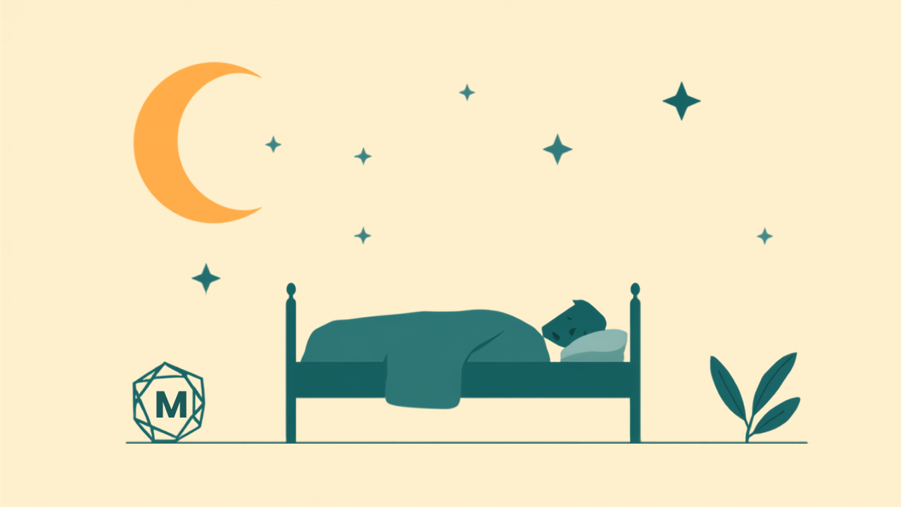 Minimalist teal illustration of a tranquil nighttime bedroom scene with moon and stars