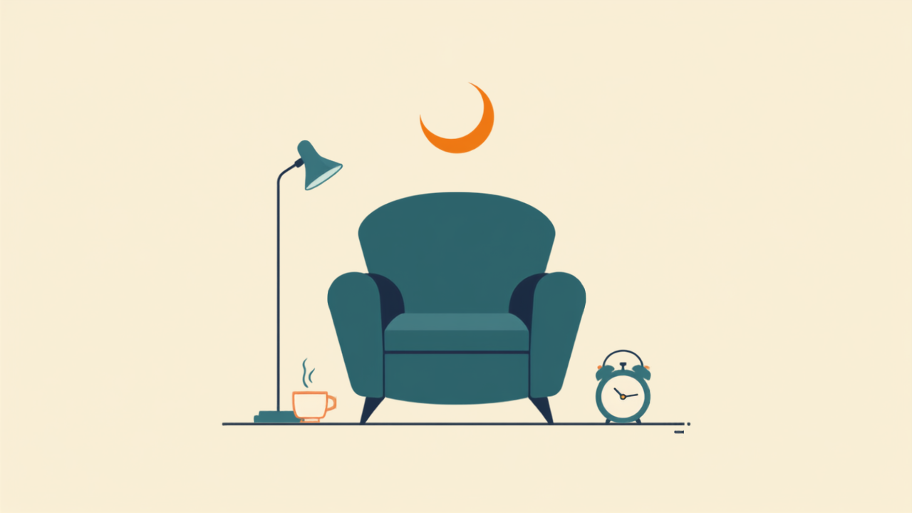Minimalist teal illustration of a cozy armchair with reading lamp, tea and alarm clock under a crescent moon