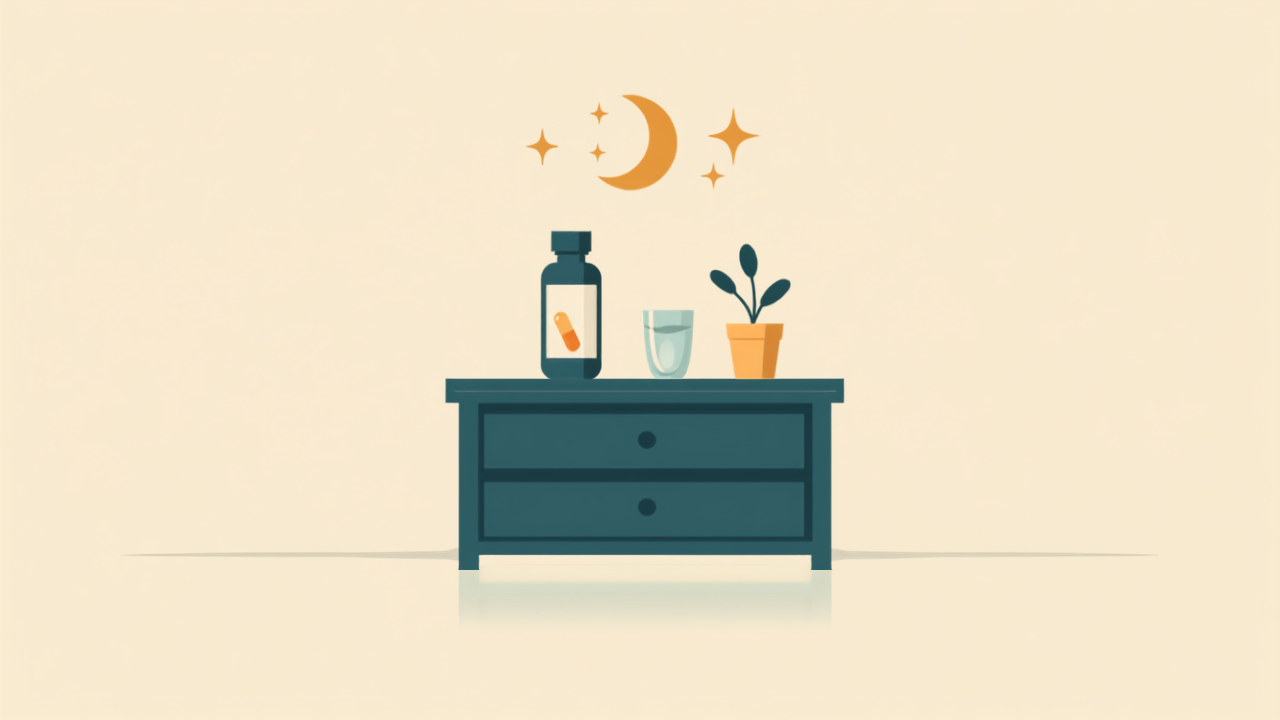 Minimalist teal illustration of a nightstand with a supplement bottle, water glass and plant under a crescent moon