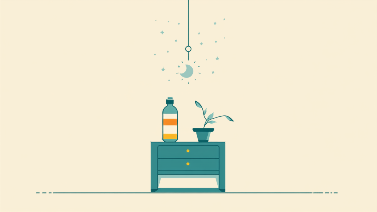 Minimalist teal illustration of a nightstand scene with nighttime elements