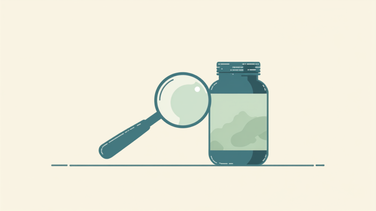 Illustration of a magnifying glass inspecting a supplement bottle label, symbolizing ingredient transparency