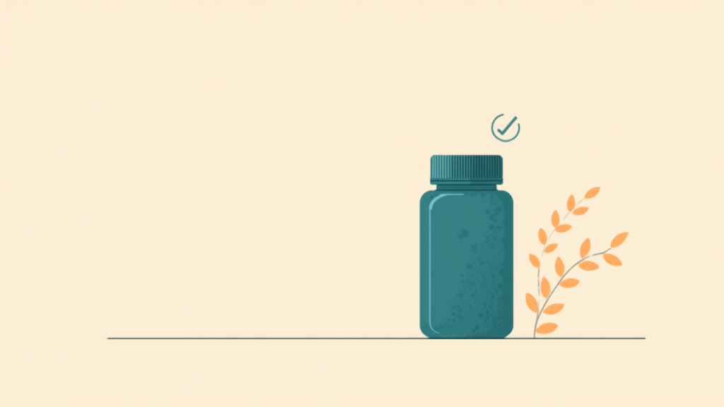 Minimalist teal illustration of a supplement bottle with a checkmark and amber plant sprig