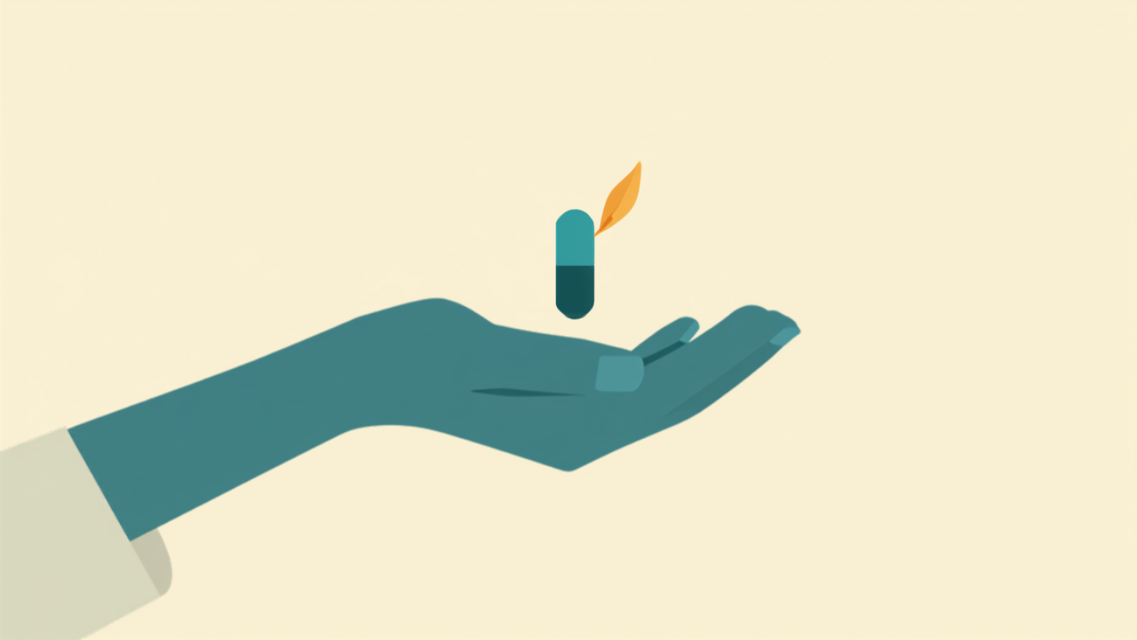 Minimalist teal illustration of a hand holding a capsule with an amber leaf accent