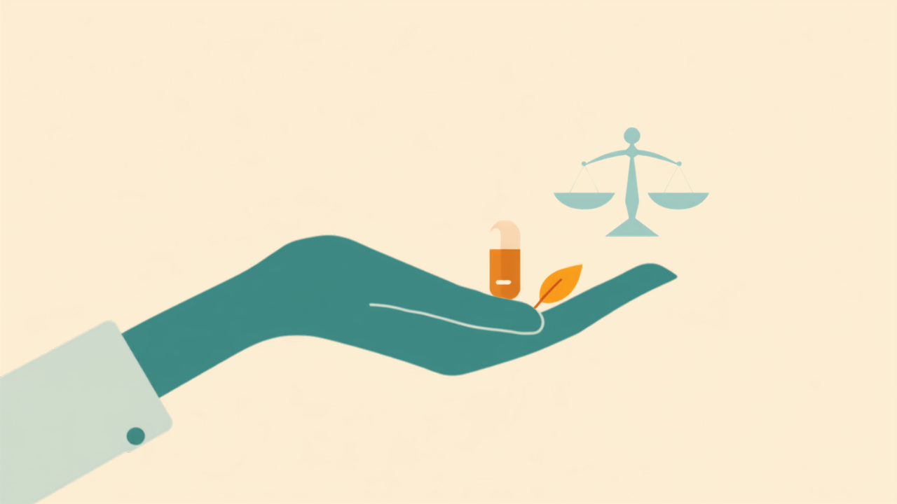 Minimalist teal illustration of a hand holding a supplement capsule with leaf and scale icon