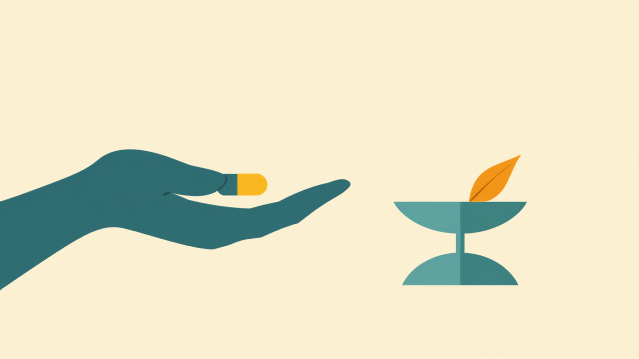 Minimalist teal illustration of a stylized hand with amber-accented capsule and balance scale