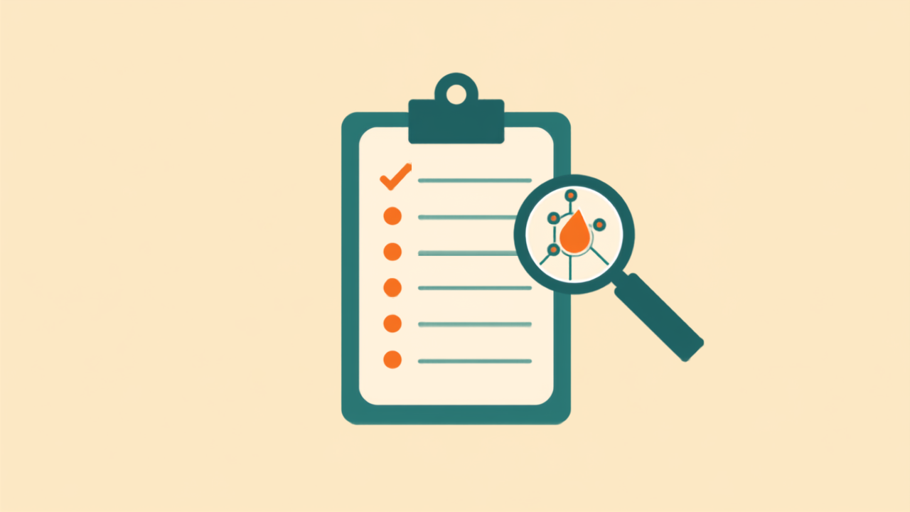 Minimalist teal illustration of a checklist clipboard with a molecule icon