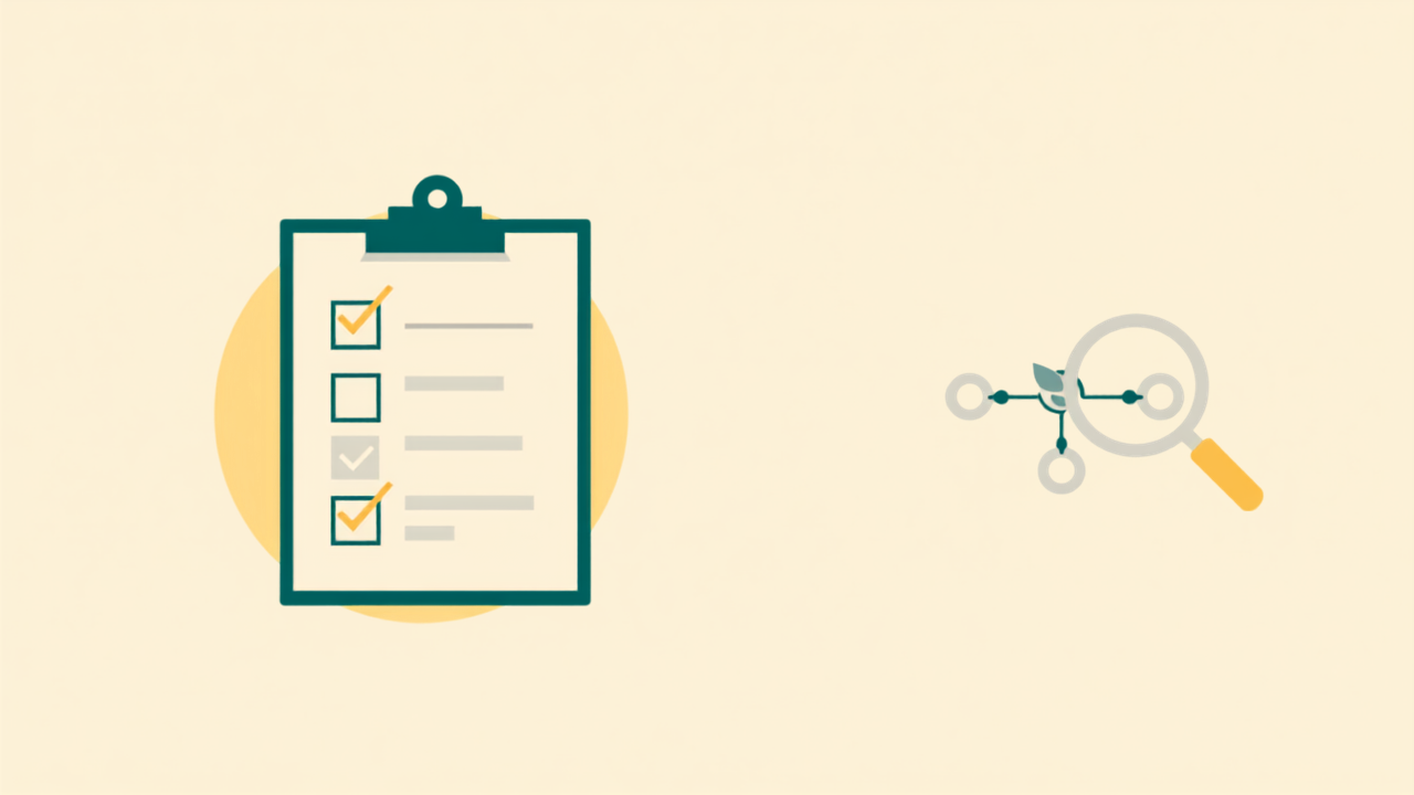 Minimalist teal illustration of a checklist clipboard next to a magnifying glass over a molecule-leaf icon