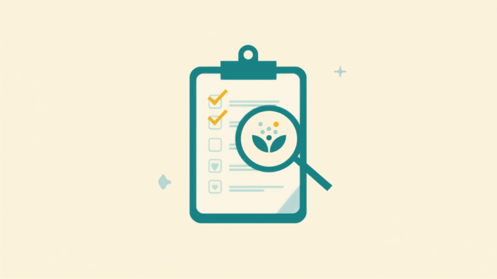 Minimalist teal illustration of a clipboard and magnifying glass with molecule-leaf art
