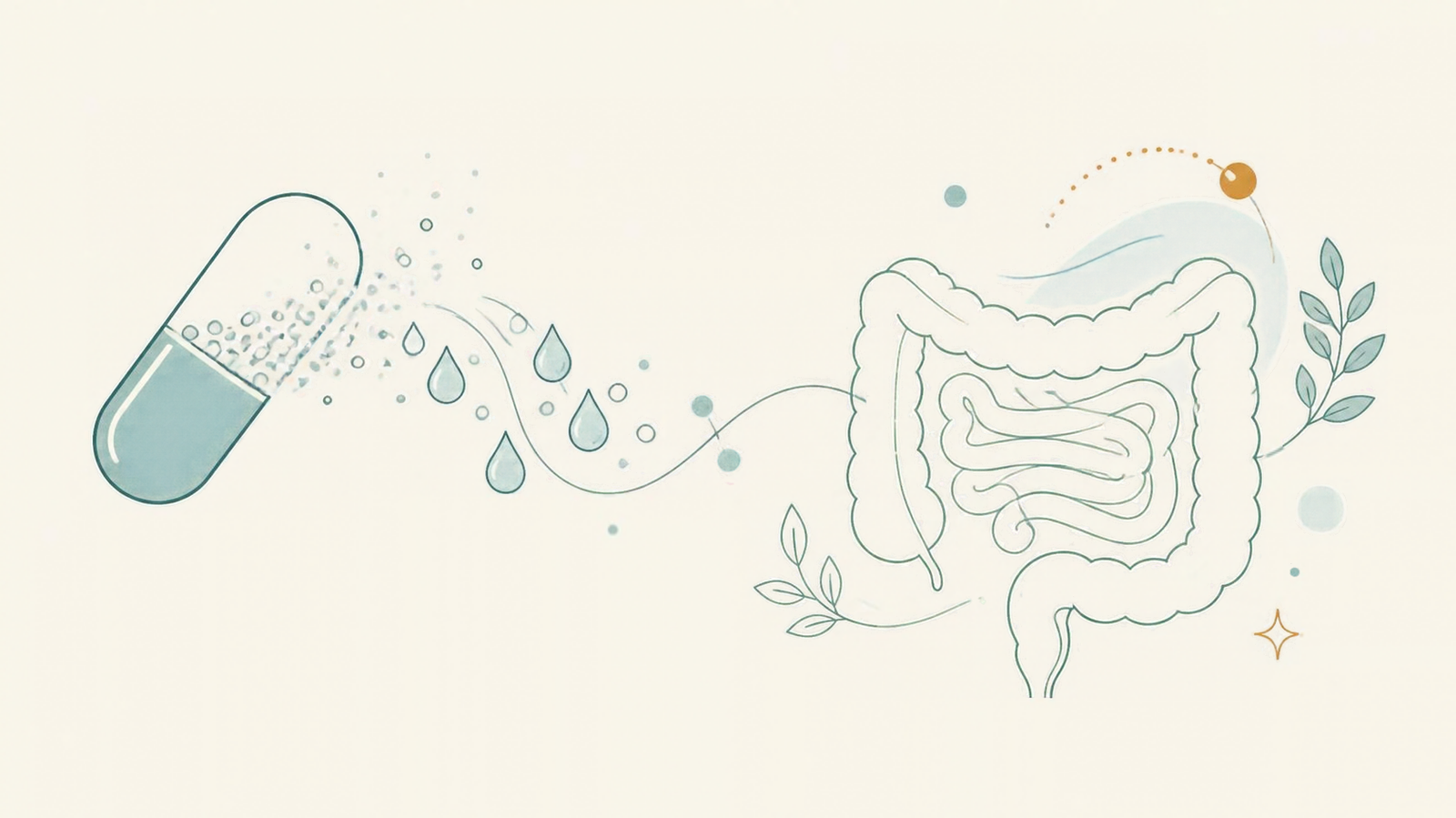Minimalist illustration of a capsule dissolving with water droplets connected to an intestine shape