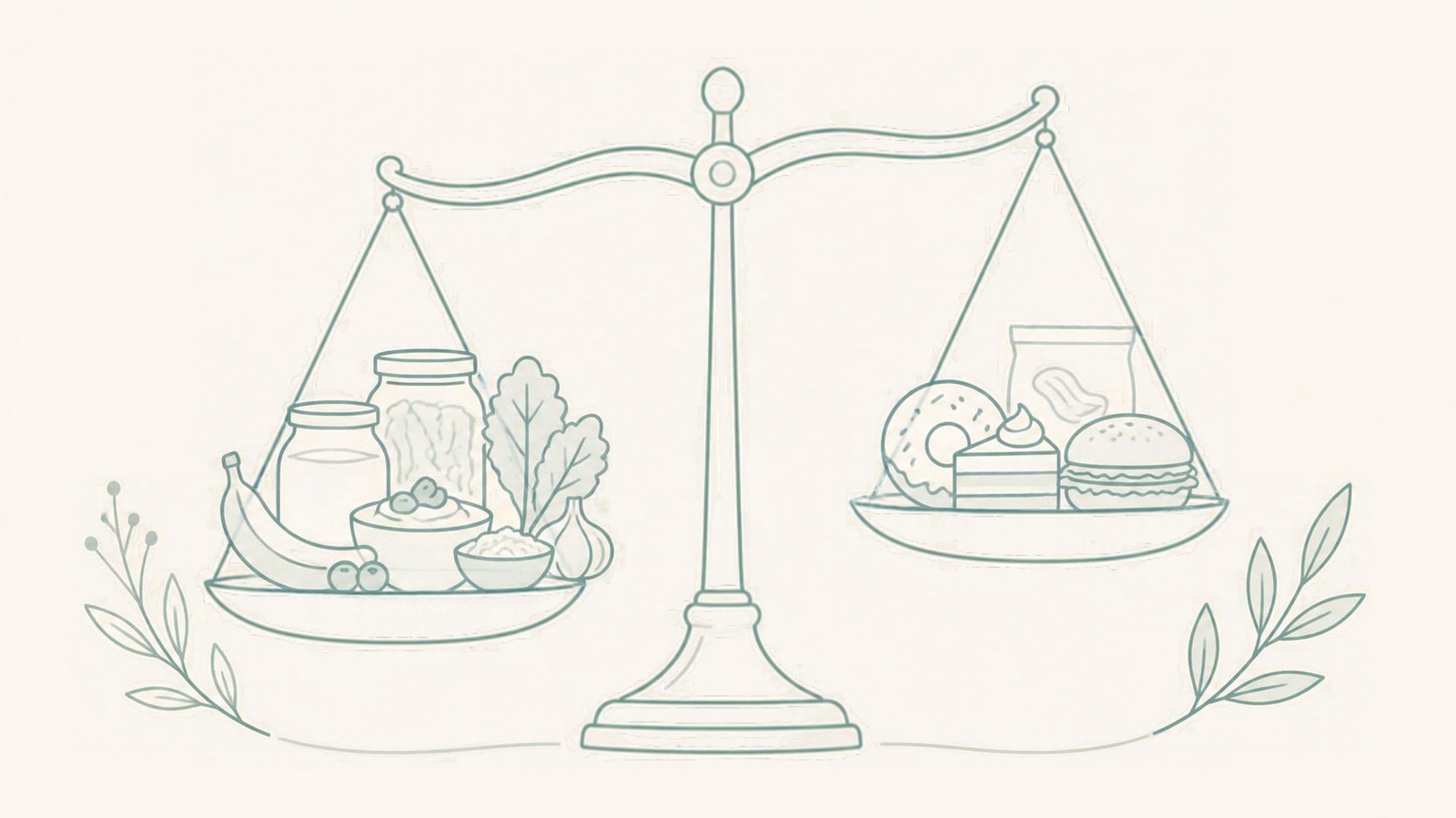 Minimalist illustration of a balance scale with gut-friendly foods on one side