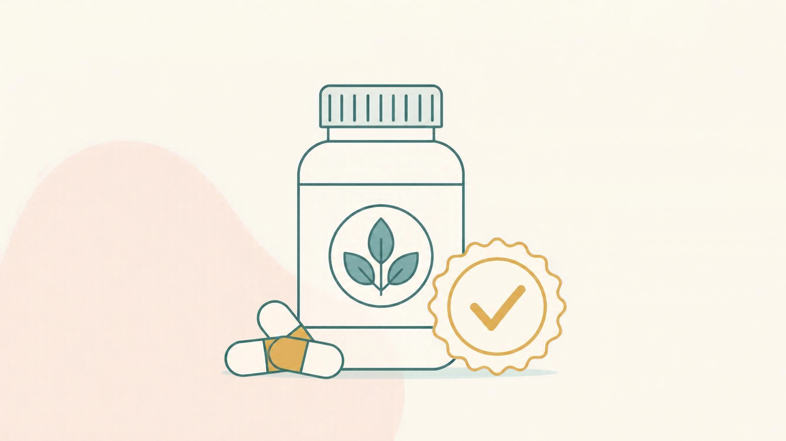 Minimalist illustration of a supplement bottle with a checkmark badge