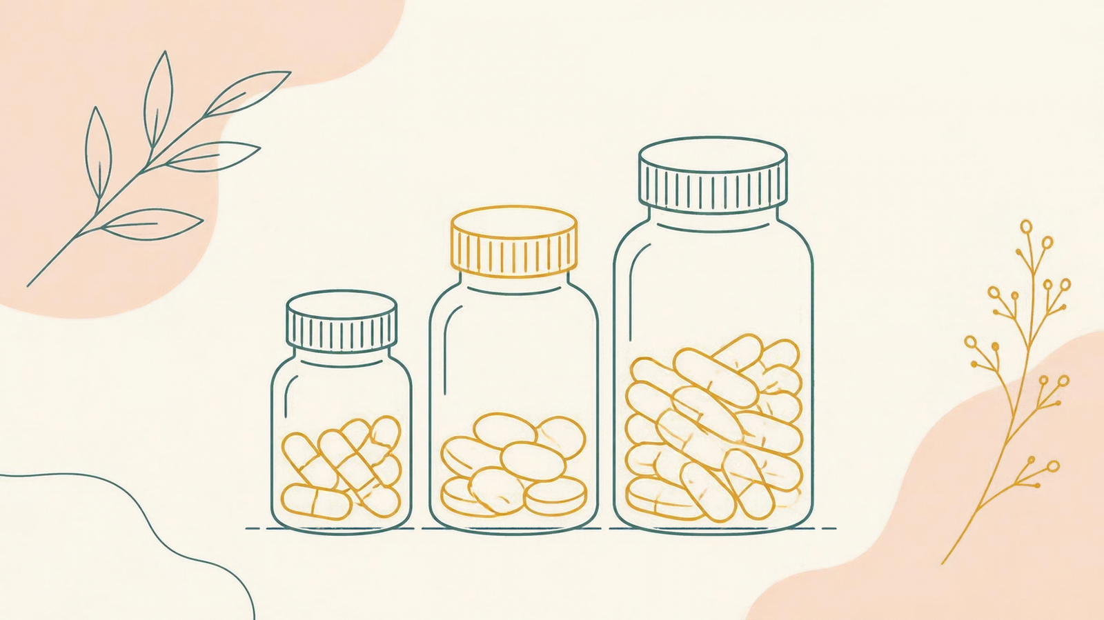 Minimalist line-art illustration of three vitamin bottles of varying heights