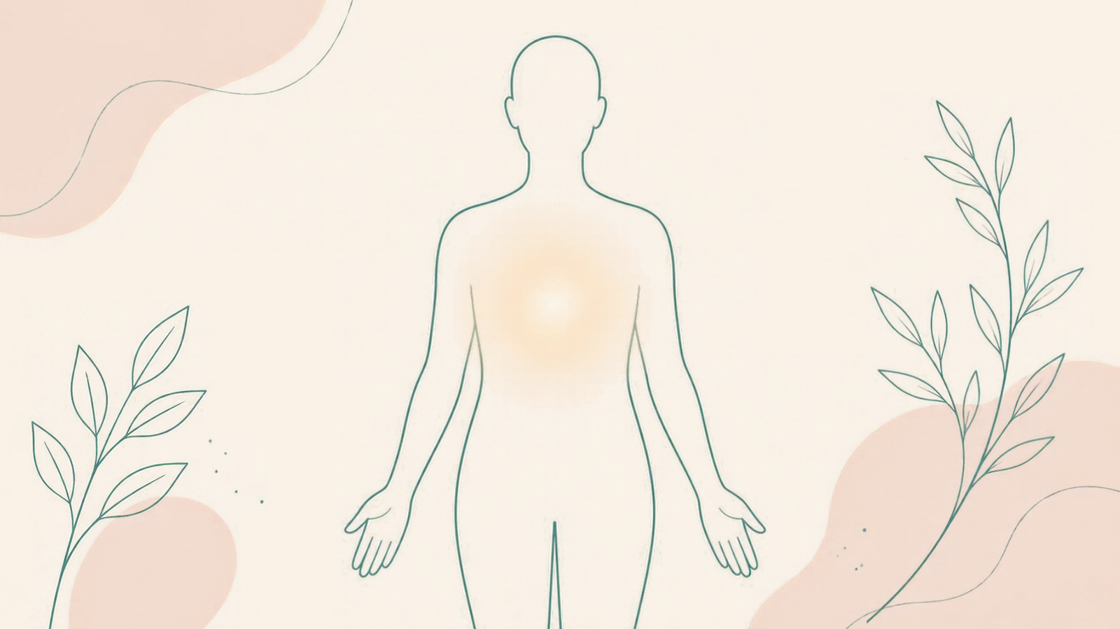 Minimalist line-art illustration of a human body silhouette with a soft warm glow at the chest, symbolizing wellness and inner health
